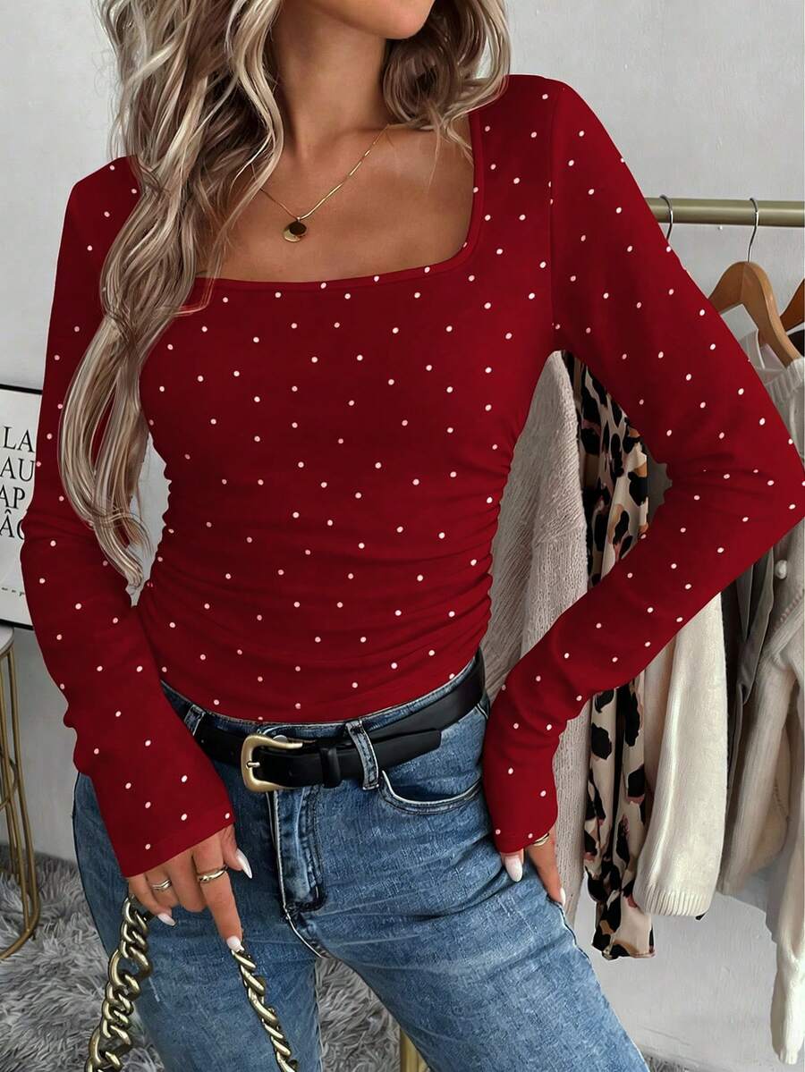 SHEIN LUNE Áo thun dài tay nữ kiểu dáng thường ngày, thích hợp để mặc nhiều lớp vào mùa thu/đông. - Đỏ - Xem 1