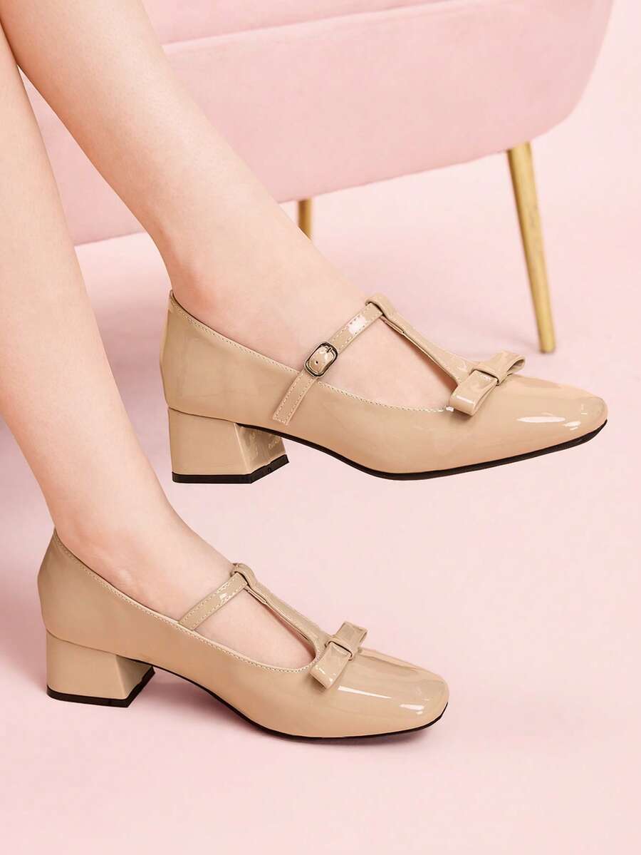 CUCCOO DOLLMOD Retro T-Word With Mary Jane Women's Shoes Women's Elegant Bow Shoes High Heels Square Toe French Patent Leather Shoes Valentine's Day - powder - View 1