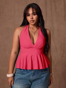 Plus Size Women's Solid Color Halter Neck Casual Tank Top, Suitable For Work And Daily Wear - Hot Pink - View 4