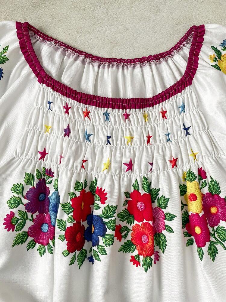 LanaWest Women's Spring Casual Vacation Bohemian Embroidered Blouse And Skirt Set, Suitable For Travel, Outing, Simple Short Sleeve 2-Piece Outfit - Multicolor - View 3