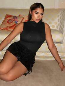 Maria Perezxox 性感优雅女式闪光不对称下摆弹力针织背心 - 黑色 - 查看 6