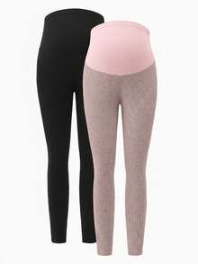 Modmama 2pcs Maternity Solid Color Basic Knitted Leggings, Casual Daily Wear - Pink - View 8