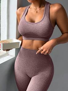 Slayform Bộ đồ thể thao nữ màu trơn cổ tròn không tay và quần legging cạp cao ôm sát, thích hợp cho tập gym dịp Tết Nguyên Đán. - Màu Đỏ Sâu - Xem 7