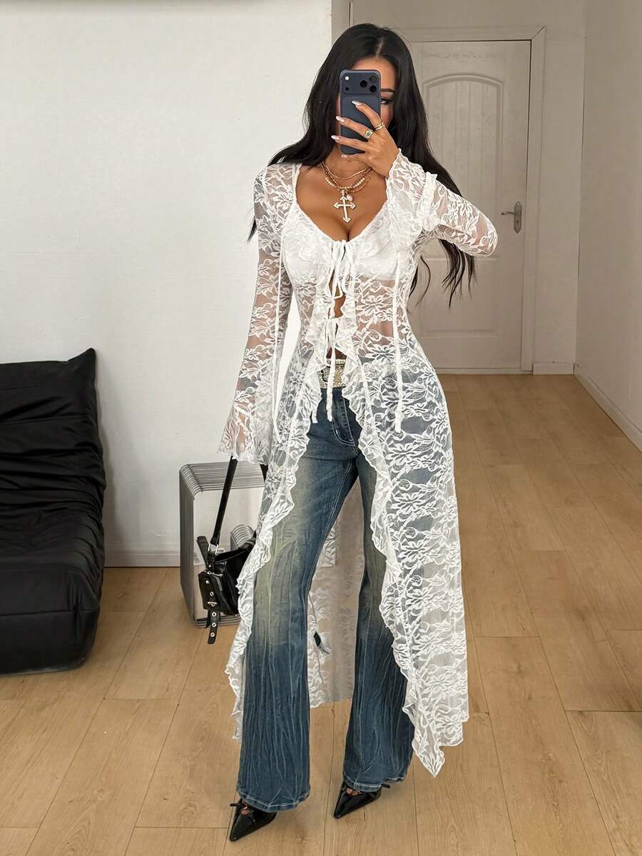 Coolane Women's Fall/All-Season Rave Outfit Renaissance Fair Hippie Music Festival Gyaru Mesh Straps Ruffle Ribbon Long Coat /Cover Up - White - View 1