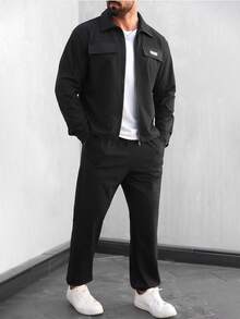 Manfinity Homme 2pcs Men's Elegant Houndstooth Jacquard Long Sleeve Zip-Up Jacket And Drawstring Elastic Waist Ankle Cuff Pants Set, Classic Hot-Selling Autumn/Winter Casual Outfit For Vacation, Dates, Parties, Office, Business - Black - View 4