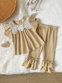 女婴优雅简约黄绿色竹纤维针织面料领口蕾丝边圆领褶皱下摆短袖上衣和裤子休闲套装 - 黃色 - 查看 2