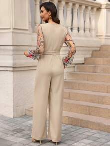 Editum 女士优雅派对花卉刺绣网纱拼接连体裤 - 彩色 - 查看 3