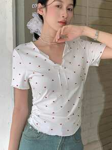 K-Vae Sweet And Cool Girly Heart Print Peter Pan Collar Bow Short-Sleeved T-Shirt - White - View 3