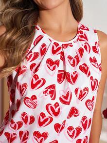 SHEIN Clasi Women's Elegant Heart Print Shirt & Wide Leg Pants 2 Pieces Set, Valentine's Day Outfit Spring To Summer  Summer Outfits For Women Valentine's Day   Carnival Costume  Vacation Outfits Women Pants And Top Set Wide Leg Pants Set Blouse And Pants Set Summer Pants Sets Heart Print Top - Red and White - View 3