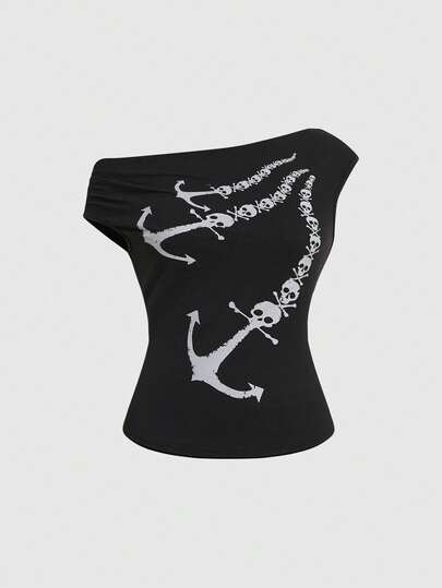 Grunge Punk T-shirt moulant bébé avec imprimé vintage de navire pirate, d'ancre et de crâne sur l'épaule oblique, style Y2K