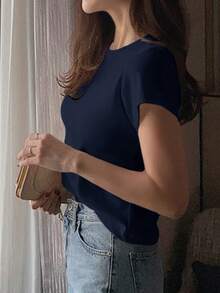 DAZY Camiseta de manga corta de mujer de cuello redondo de unicolor básica blanca, para primavera/verano, estilo casual empresarial - Azul Marino - Ver 4