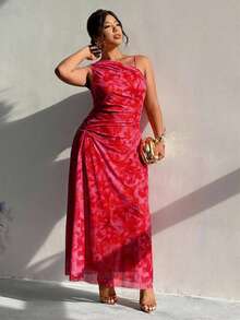 Firerie 大码女式优雅简约时尚基础款ins风连衣裙，适合办公室、通勤、音乐节、海滩度假等场合，透视不规则领口褶皱修身无袖连衣裙 - 玫紅色 - 查看 4