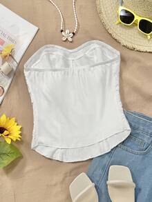 GlowEve 新款优雅性感派对花卉植绒网纱抹胸上衣，适合婚礼/订婚、音乐节/嘉年华、毕业典礼及其他场合。 - 白色 - 查看 2