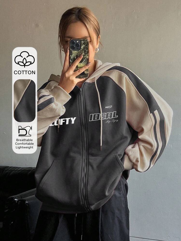 Women Spring And Autumn Casual Color-Blocking Hooded Sweatshirt With Letter Printing And Drawstring,Long Sleeve Tops,Fall Women Clothes Jacket Zip Up