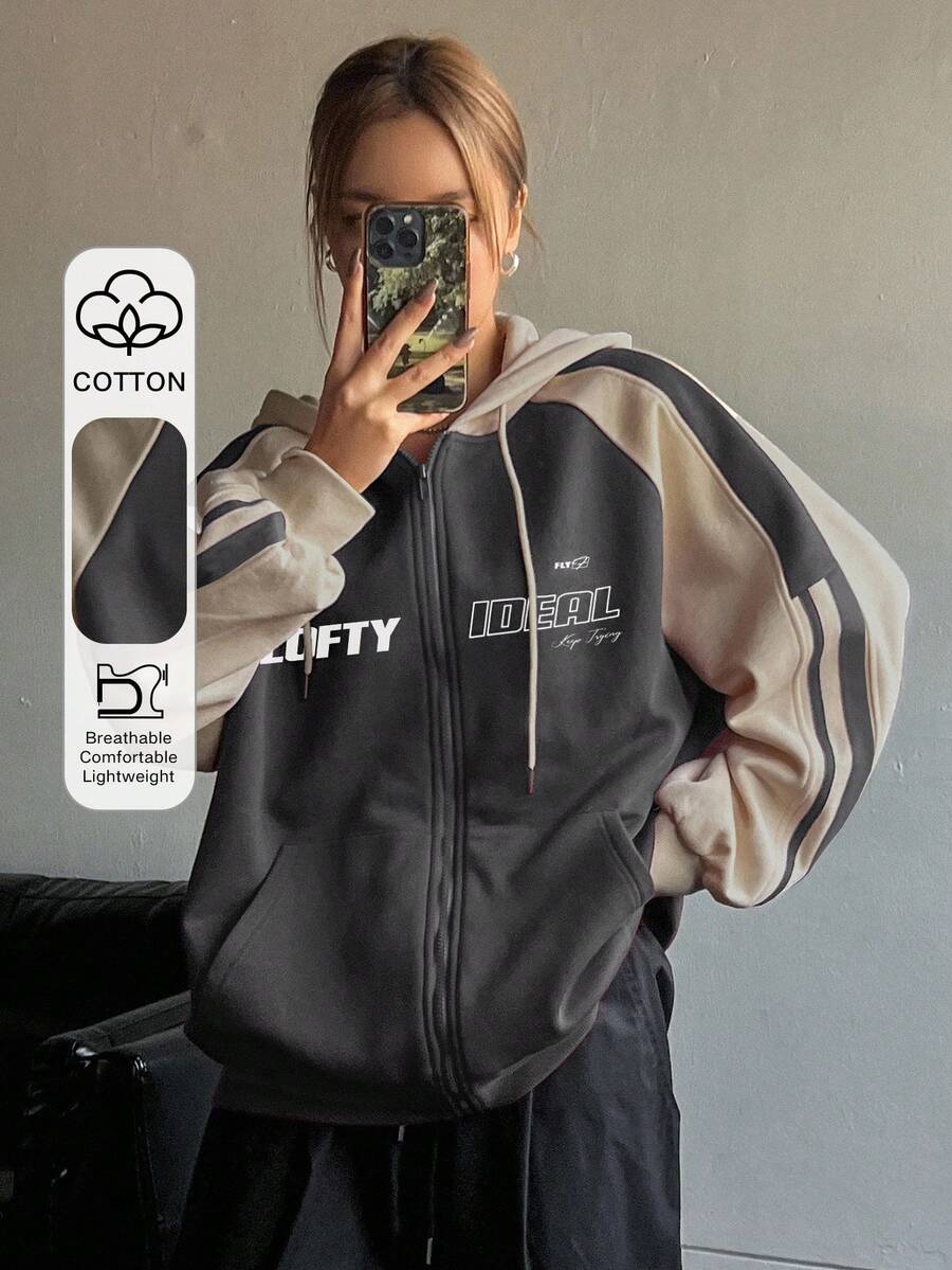 Dazy Star Women Spring And Autumn Casual Color-Blocking Hooded Sweatshirt With Letter Printing And Drawstring,Long Sleeve Tops,Fall Women Clothes Jacket Zip Up