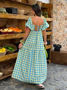 Selianne 黄绿格纹方领泡泡袖长款连衣裙 - 复古波西米亚风，适合度假、日常出行和休闲穿着，女士春夏连衣裙 - 彩色 - 查看 6