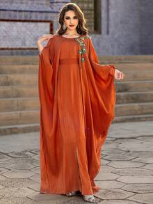 Layrah Elegant Floral Embroidered Orange Party Dress - Orange - View 6