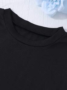 SHEIN 2pcs/Set Tween Girls Black Knit Camisole Dress With Fringe Denim Vest, Casual Commuter Outfit - Black - View 6