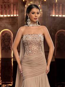 Aureia 优雅奢华亮片钻石性感抹胸美人鱼拼接弹力针织网纱长裙，适合婚礼、单身派对、度假、舞会、正式场合。 - 卡其色 - 查看 5
