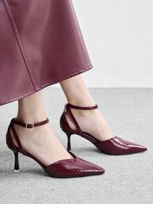 CUCCOO BIZCHIC 女士尖头磨边图案时尚派对纯色高跟鞋 - 酒紅色 - 查看 4