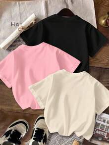 SHEIN EZwear 3件套休闲简约豹纹图案圆领短袖修身露脐女式T恤 - 彩色 - 查看 3