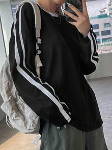 DAZY 女士圆领拼色条纹宽松长袖 T 恤，适合春夏季、秋季服装、返校服装学院风上衣 - 黑色 - 查看 6