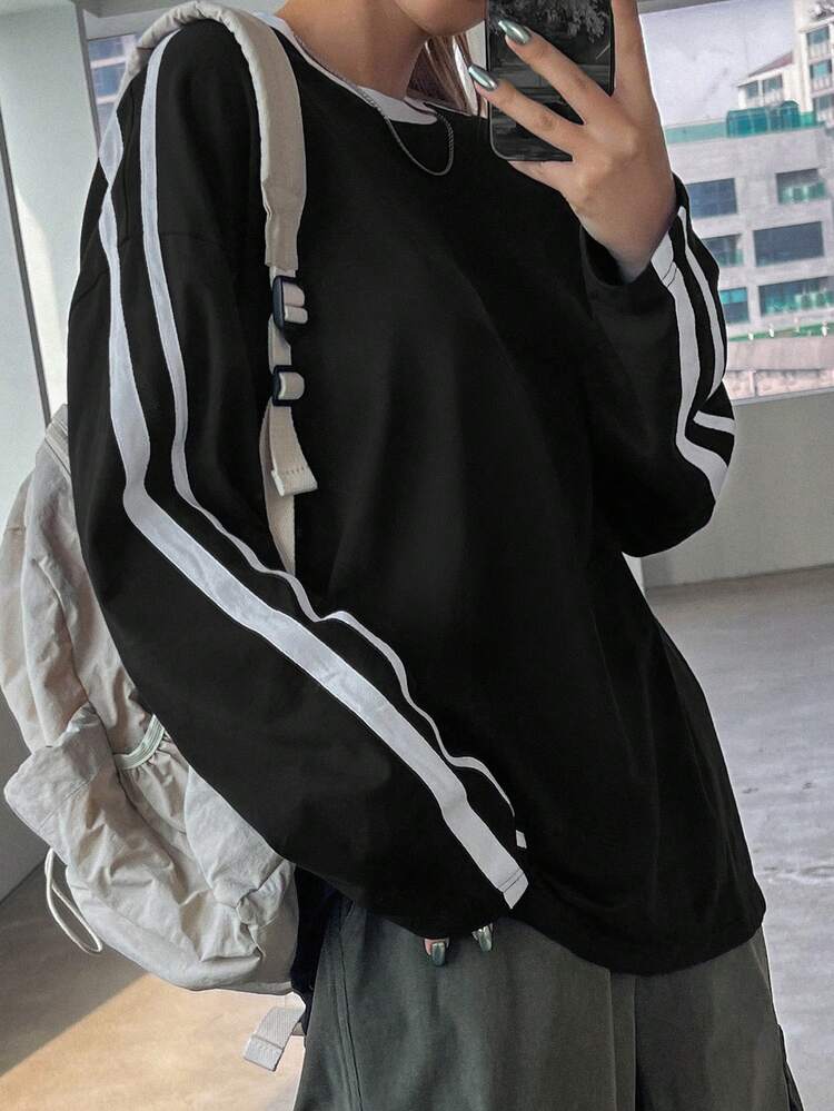 Colorblock Striped Loose Fit Long Sleeve T-Shirt With Round Neckline For Women, Suitable For Spring And Summer,Fall Clothes,Back To School Clothes Preppy Tops