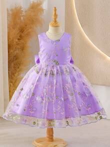 Glamorique Kids 少女紫色蝴蝶结装饰V领露背刺绣优雅派对连衣裙，适合所有季节 - 紫色 - 查看 2