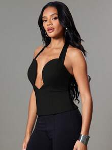 Hauture 性感休闲办公室镂空心领吊带背心 - 黑色 - 查看 4