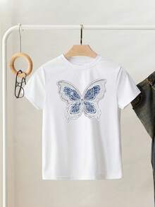 Lalippa Women's Casual Commuter Short Sleeve White T-Shirt With Faux Pearl Studded Contrast Butterfly Pattern, Summer - White - View 3