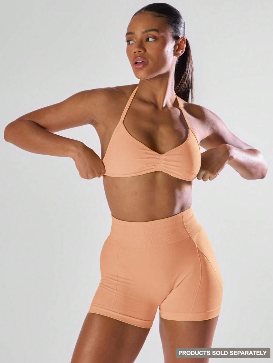 Musera Sport Solid Ruched Bust Open Back Halter Sports Bra, Active Comfy Workout Gym Running Run Club,Padel, Tennis, Pickleball Gym Fitness - Coral Orange - View 1