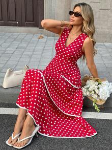 Pariaura Women's Summer Red And White Polka Dot V-Neck Sleeveless Dress,70s Retro Tea Party French Style Cake Skirt,Holiday Outfits - Red - View 6