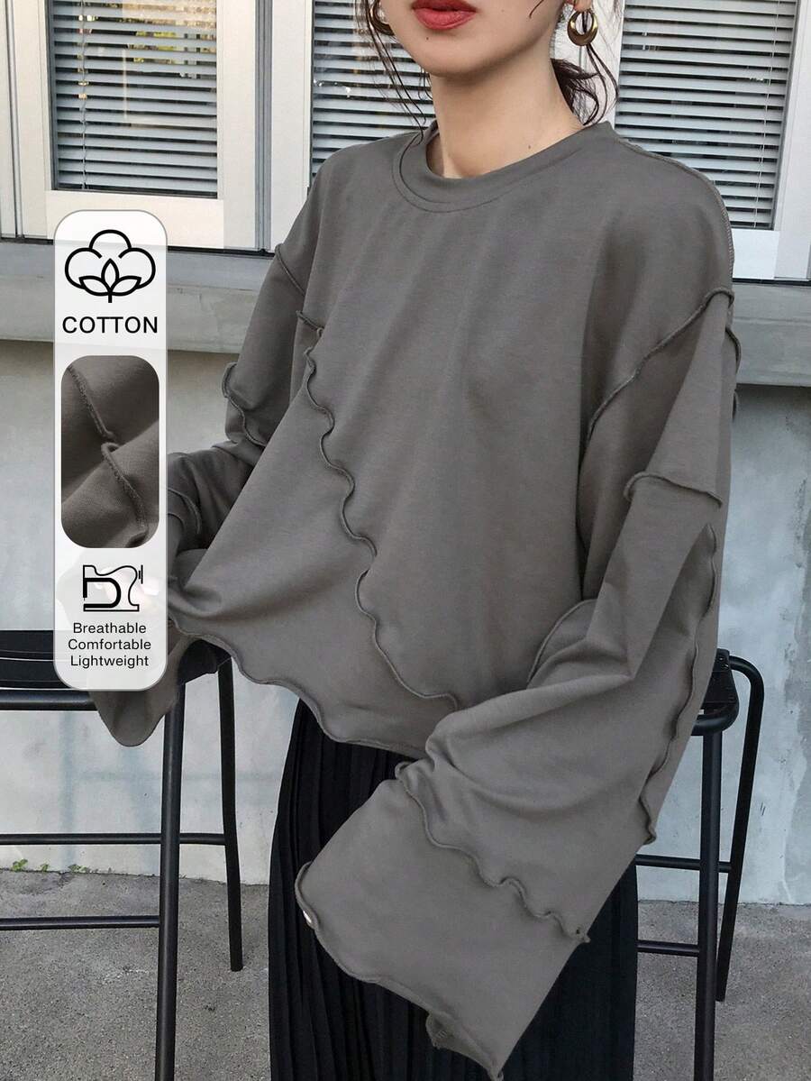 FRIFUL Women's Loose Cropped Sweatshirt With Ruffle Hem, Grey, Spring Apparel - Grey - View 1