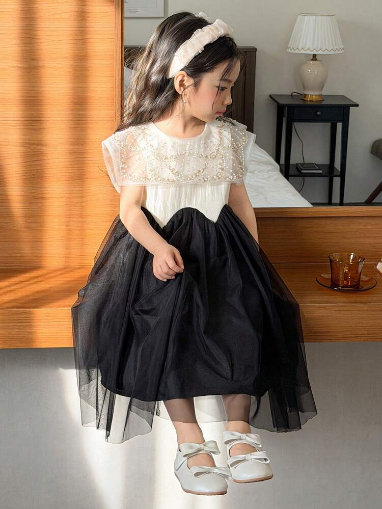 Young Girl Colorblock Faux Pearl Decor Round Neck Elegant Dress