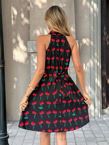 Pariaura Women's Cherry Print Collared Sleeveless Casual Short Dress - Black - View 2