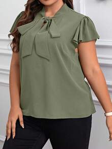 Reflora Blusa elegante de mujer talla grande con cuello de corbata y mangas con volantes de unicolor - verde menta - Ver 5