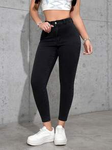 SHEIN PETITE 女士常规休闲百搭高腰修身紧身牛仔裤 - 黑色 - 查看 8