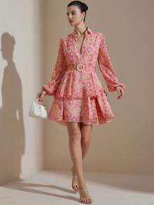 BELROSIE New Arrival Sweet & Cute Ditsy Floral Layered V-Neck Long Sleeve Dress - Multicolor - View 6