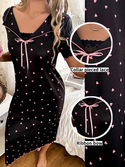 CottageSlumber Camisón casual de mujer con cuello mao y ribete de encaje en contraste con forma de corazón