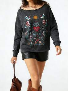 SoleilVie 女士波西米亚风花卉刺绣插肩袖宽松休闲卫衣 刺绣卫衣 图案卫衣 女士上衣 Anthropologie 服装 - 黑色 - 查看 4