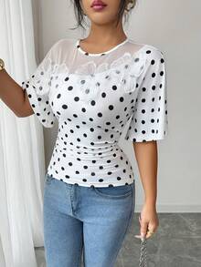 SHEIN Elenzya 女士波点印花时尚圆领网眼拼接T恤 - 白色 - 查看 4