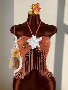 Amplova Women's Retro Halter Neck Top, Sexy & Avant-Garde With Beaded Embroidery, Suitable For Vacation, Cute Tassel Hem - Orange - View 1