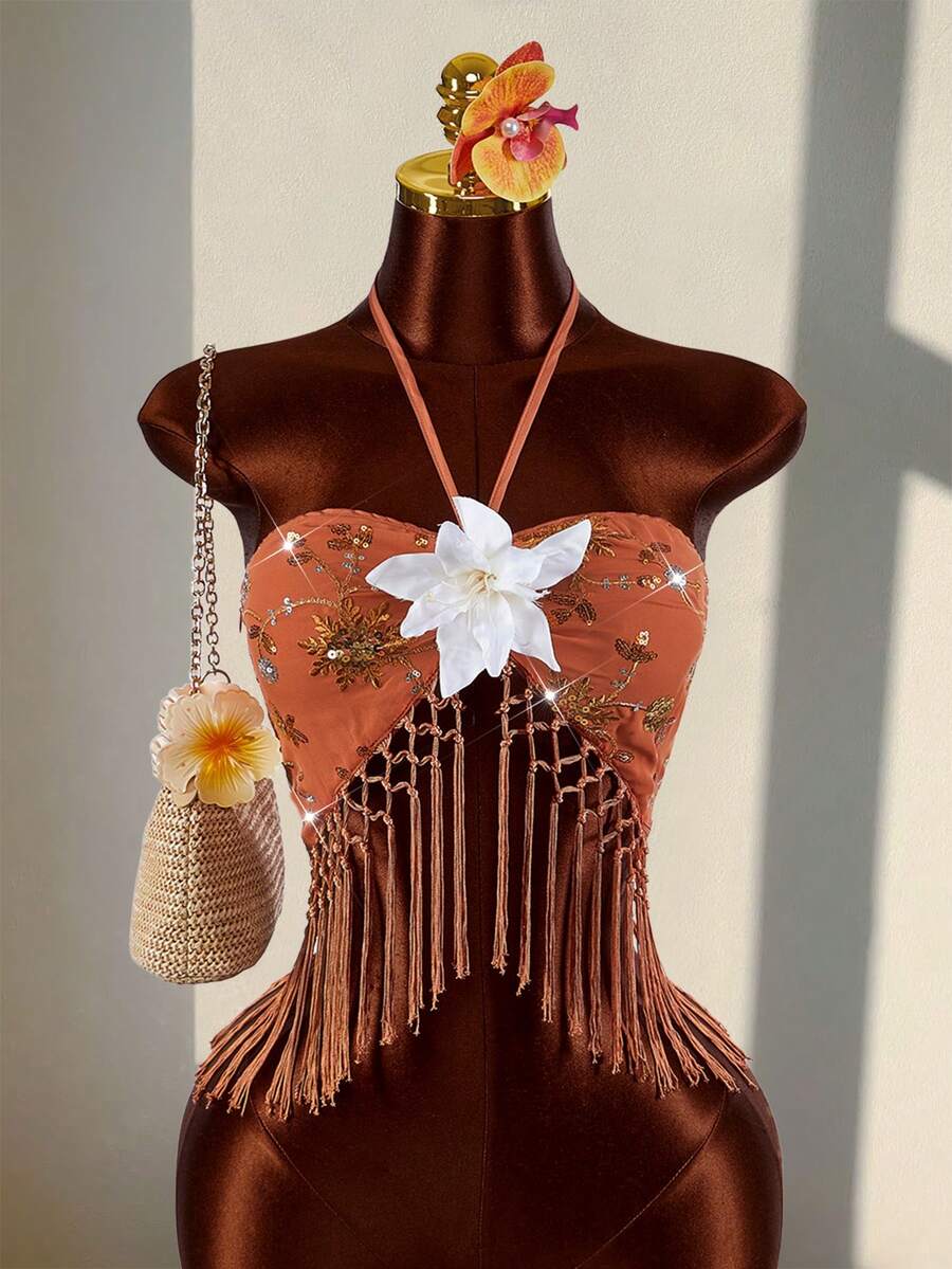 Amplova Women's Retro Halter Neck Top, Sexy & Avant-Garde With Beaded Embroidery, Suitable For Vacation, Cute Tassel Hem - Orange - View 1