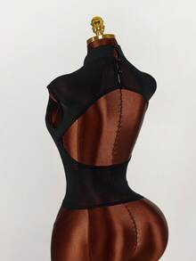 Amplova Women's Sheer Mesh Floral Blouse, Sexy Backless Design, Stand Collar, Revealing, Sensual - Black - View 11