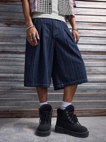 AXEPEAK 男士条纹褶皱宽松休闲百慕大牛仔短裤 - 藍色 - 查看 2