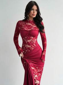 Firerie Đầm ren đỏ xuyên thấu kiểu vintage dành cho nữ, thích hợp cho tiệc Giáng sinh, Năm mới, Lễ Tạ ơn, phong cách Y2K, dự tiệc, hộp đêm. - Màu Đỏ Sâu - Xem 9