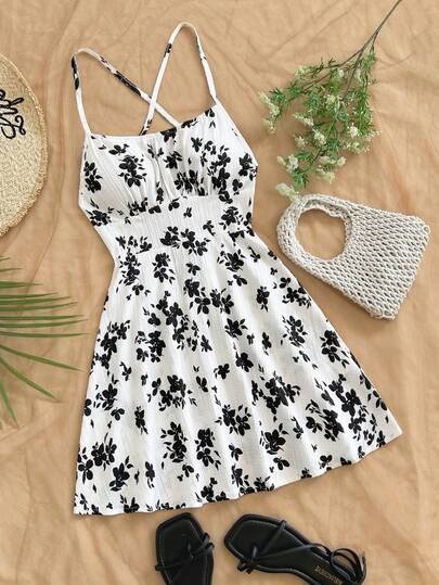 Soleia Women's Romantic Red Floral Print Spaghetti Strap Backless A-Line Mini Dress, Fashionable Sexy Summer Dress For Beach, Cruise, Vacation, Valentine's Day Date, Carnival, Easter, Chinese New Year