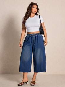 Elaquor Plus Size Casual Washed Drawstring Waist Wide Leg Jeans - Blue - View 8