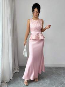 Elenzga 春夏高端无袖缎面粉色收腰A字娃娃衫上衣，修身铅笔裙，优雅两件套，适合工作、度假、浪漫场合 - 粉色 - 查看 5