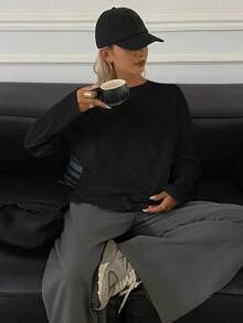 Livesso 女式纯色时尚宽松长袖圆领T恤 - 黑色 - 查看 6